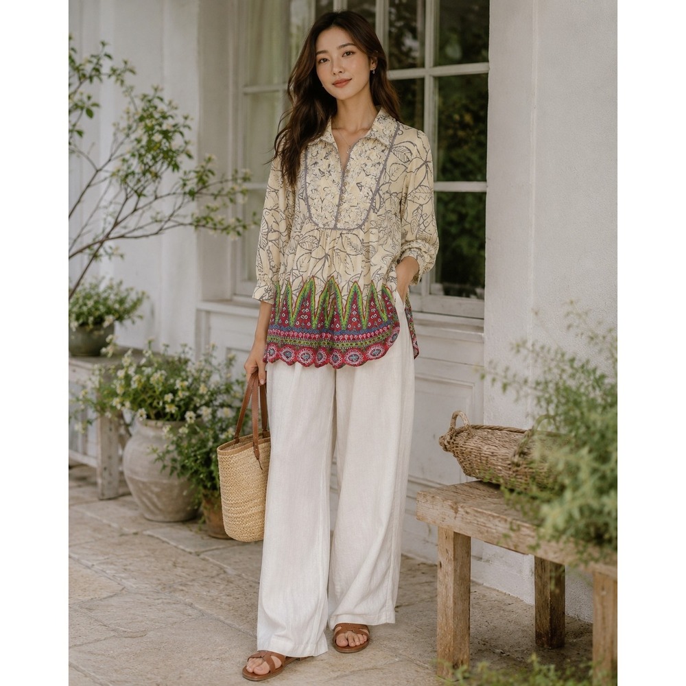Multiples Mixed Media Boho Tunic Top Size Medium Soft Flowy Border Print Peasant
